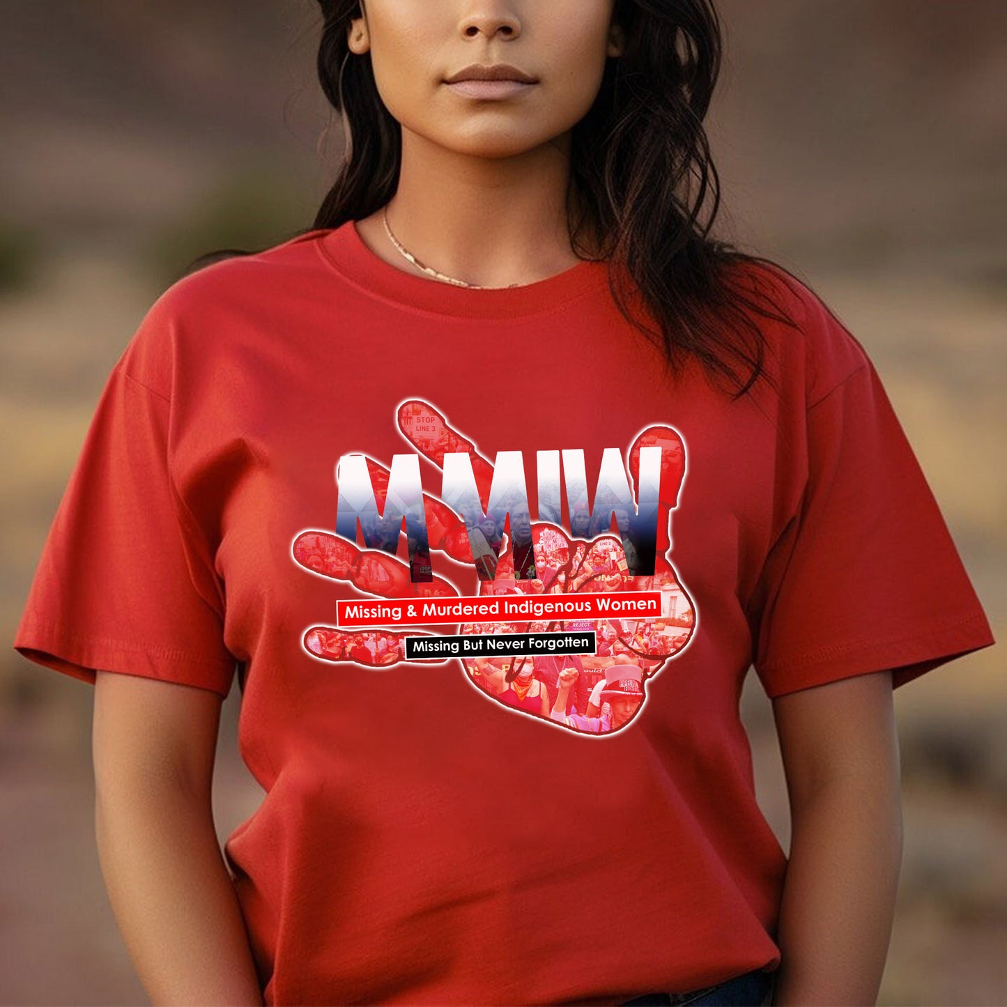 a woman wearing a red shirt with the words nirvana on it