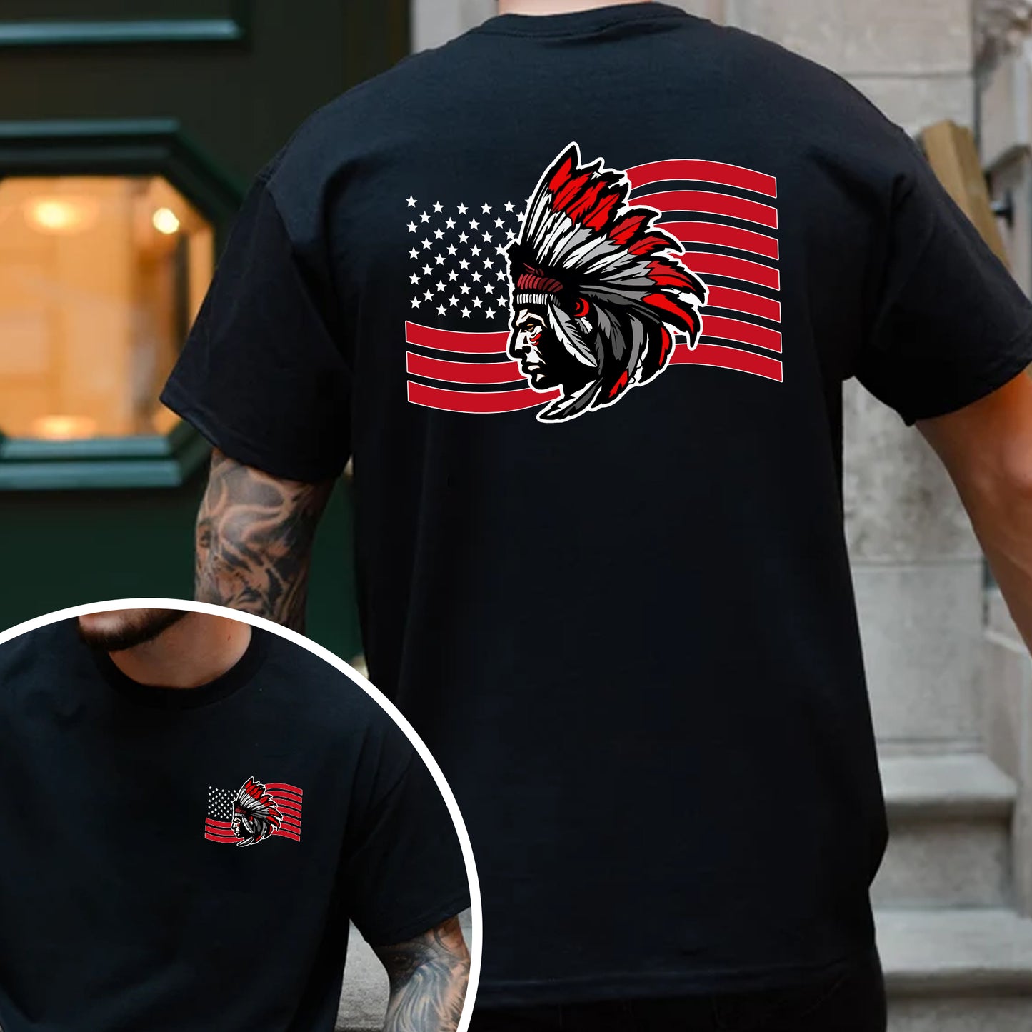 Native American Flag Tribal Chief Head with USA Flag Graphic - Two sides - Unisex T-Shirt/T-Shirt V-Neck/Hoodie/Sweatshirt