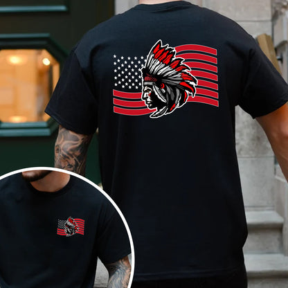 Native American Flag Tribal Chief Head with USA Flag Graphic - Two sides - Unisex T-Shirt/T-Shirt V-Neck/Hoodie/Sweatshirt