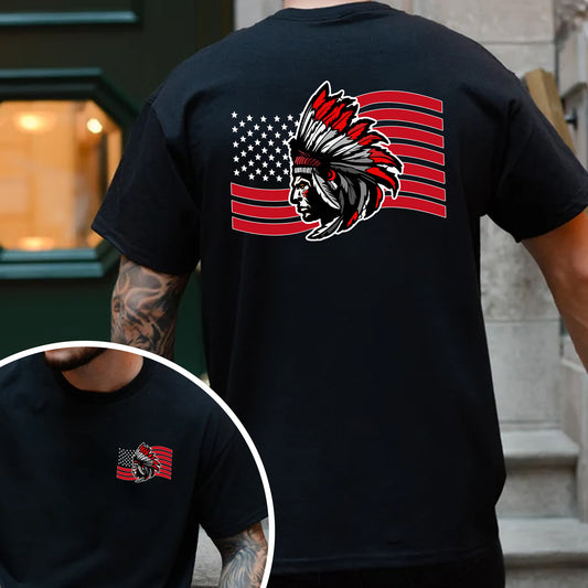 Native American Flag Tribal Chief Head with USA Flag Graphic - Two sides - Unisex T-Shirt/T-Shirt V-Neck/Hoodie/Sweatshirt