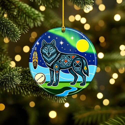 Tribal Wolf Ceramic Ornament - Indigenous Inspired for Holiday Decor