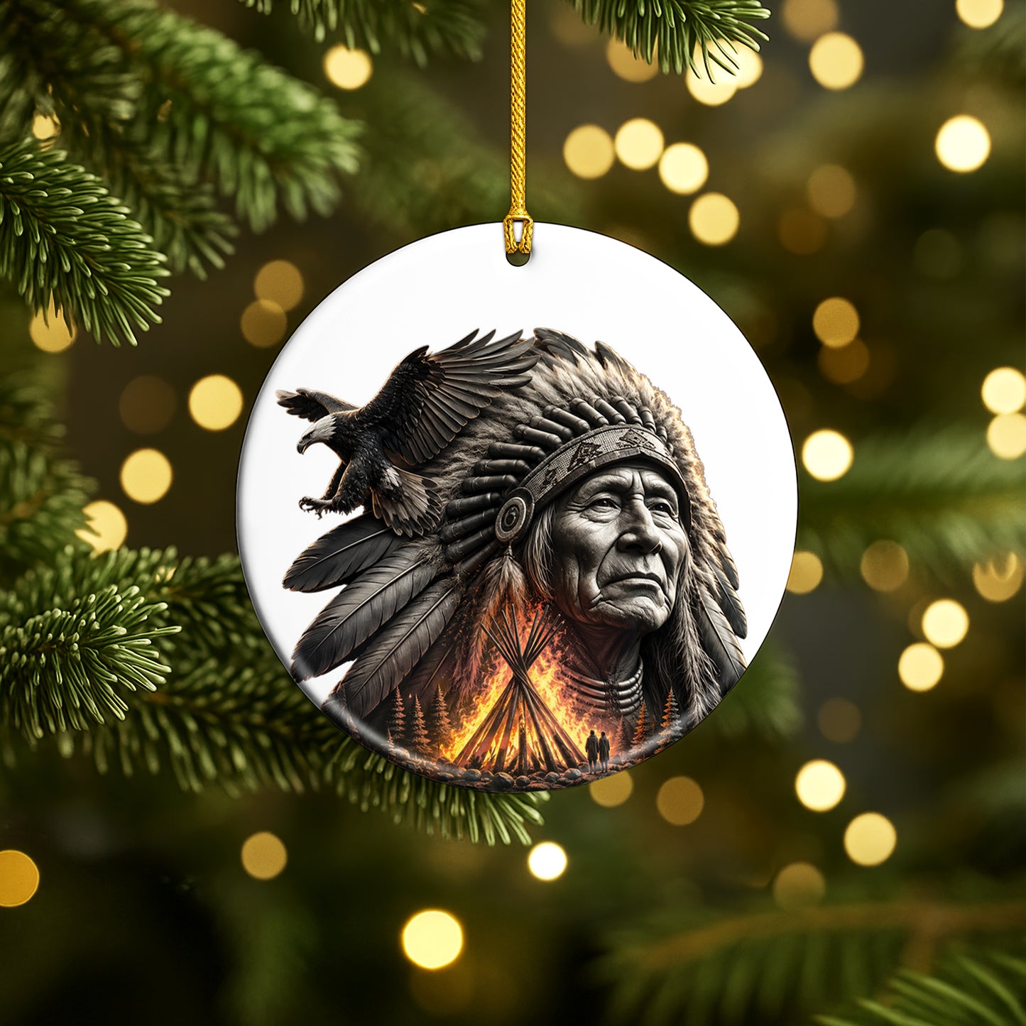 Native American Chief & Eagle Christmas Ornament – Indigenous Heritage Ceramic Hanging Decoration