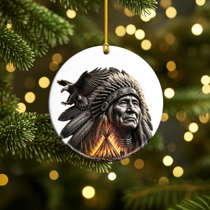 Native American Chief & Eagle Christmas Ornament – Indigenous Heritage Ceramic Hanging Decoration