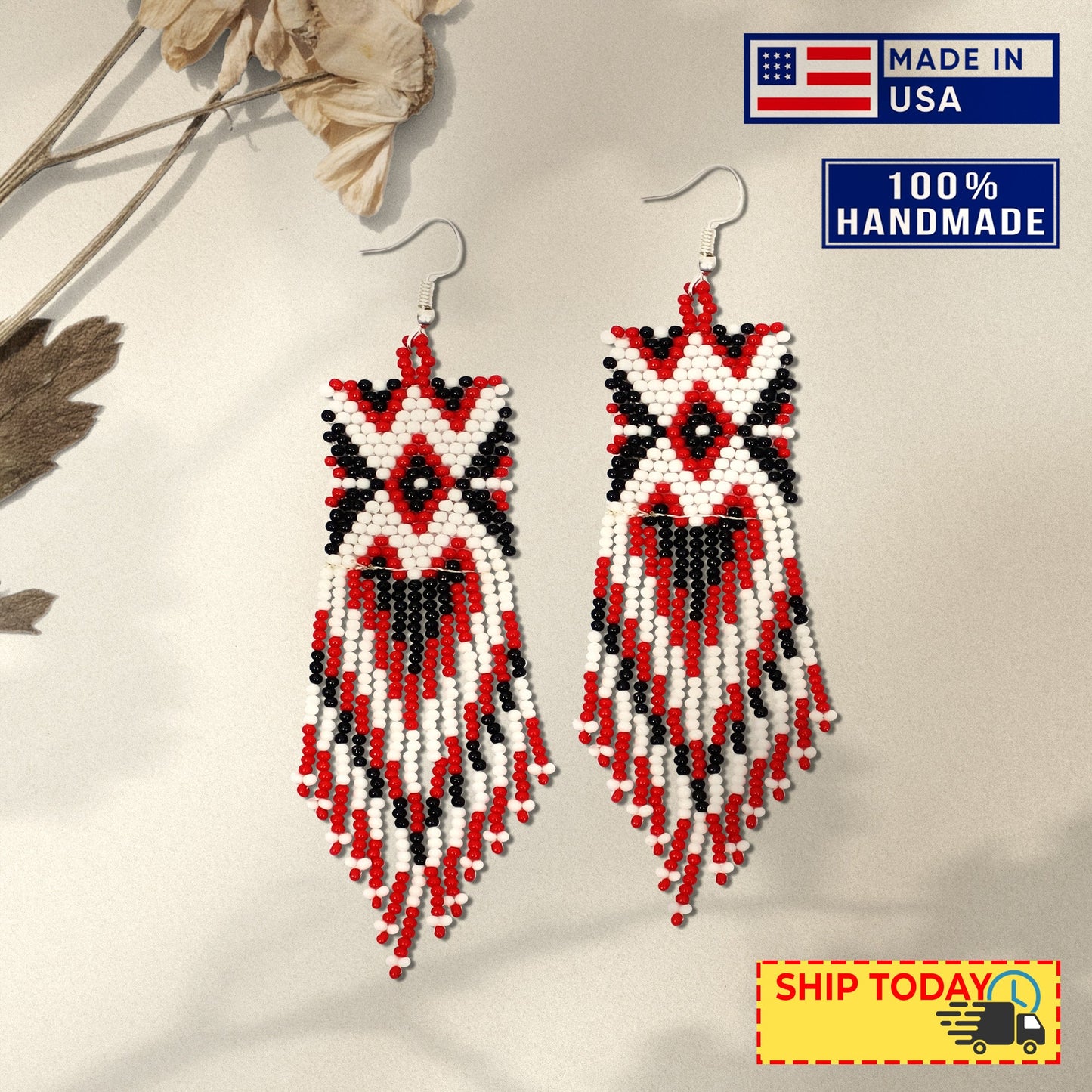 Red Black Long Beaded Handmade Earrings For Women