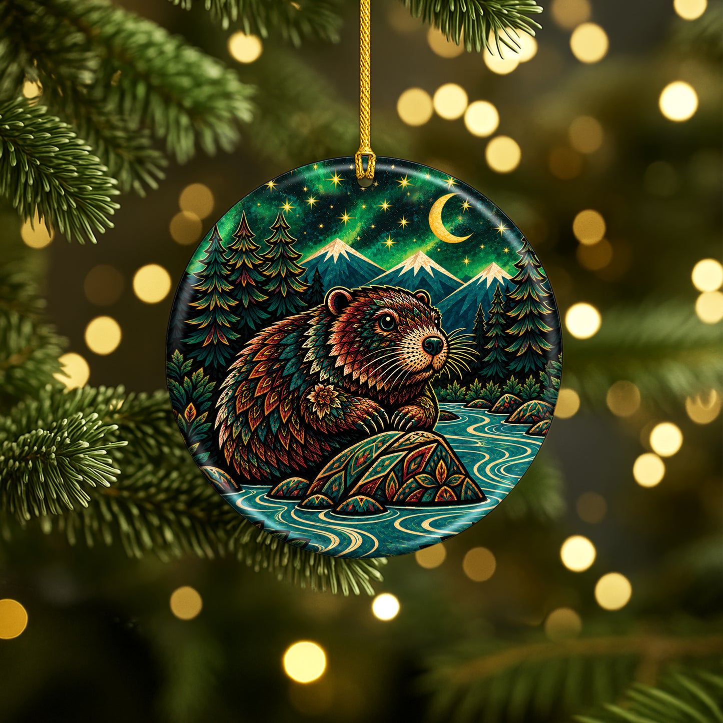 Native Inspired Beaver Ceramic Ornament, Indigenous Style Wildlife Holiday Decor