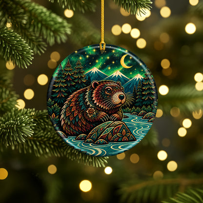 Native Inspired Beaver Ceramic Ornament, Indigenous Style Wildlife Holiday Decor