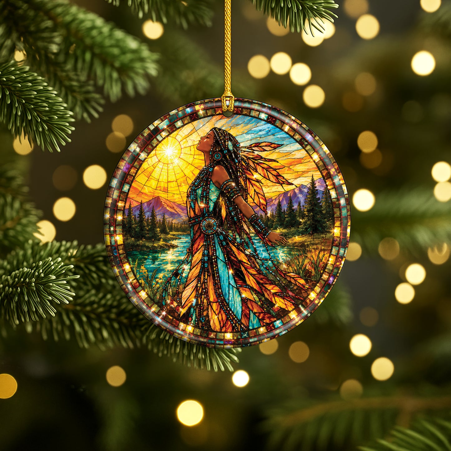 Native American Woman Ceramic Ornament - Feather Stained Glass Design