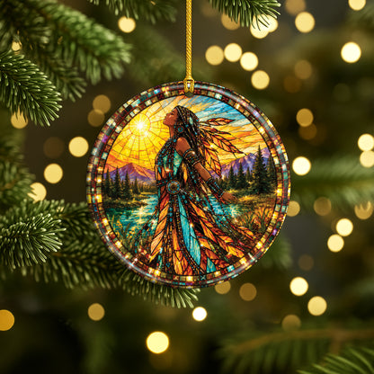 Native American Woman Ceramic Ornament - Feather Stained Glass Design