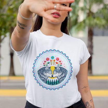 Two Wolves in Love Native Circle - Indigenous Art of Unity & Love Unisex T-shirt/T-shirt V-neck/Hoodie/Sweatshirt