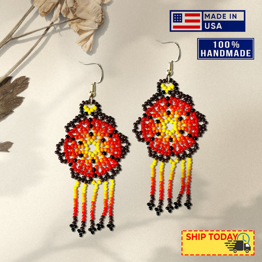 Ethnic Flower Purple Red Chandelier Black Stick with Metal Feather Beaded Handmade Earrings For Women