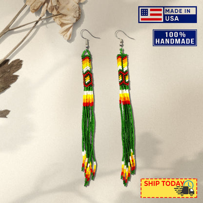 Green Extra Long Beaded Handmade Earrings For Women