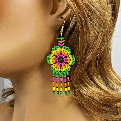 Ethnic Flower Green Beaded Chandelier Beaded Handmade Earrings For Women