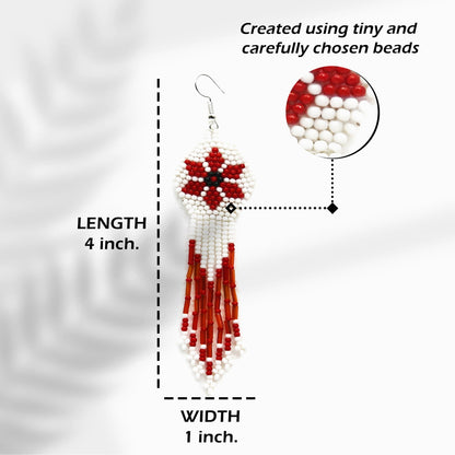 White Red Flower Beaded Handmade Earrings For Women