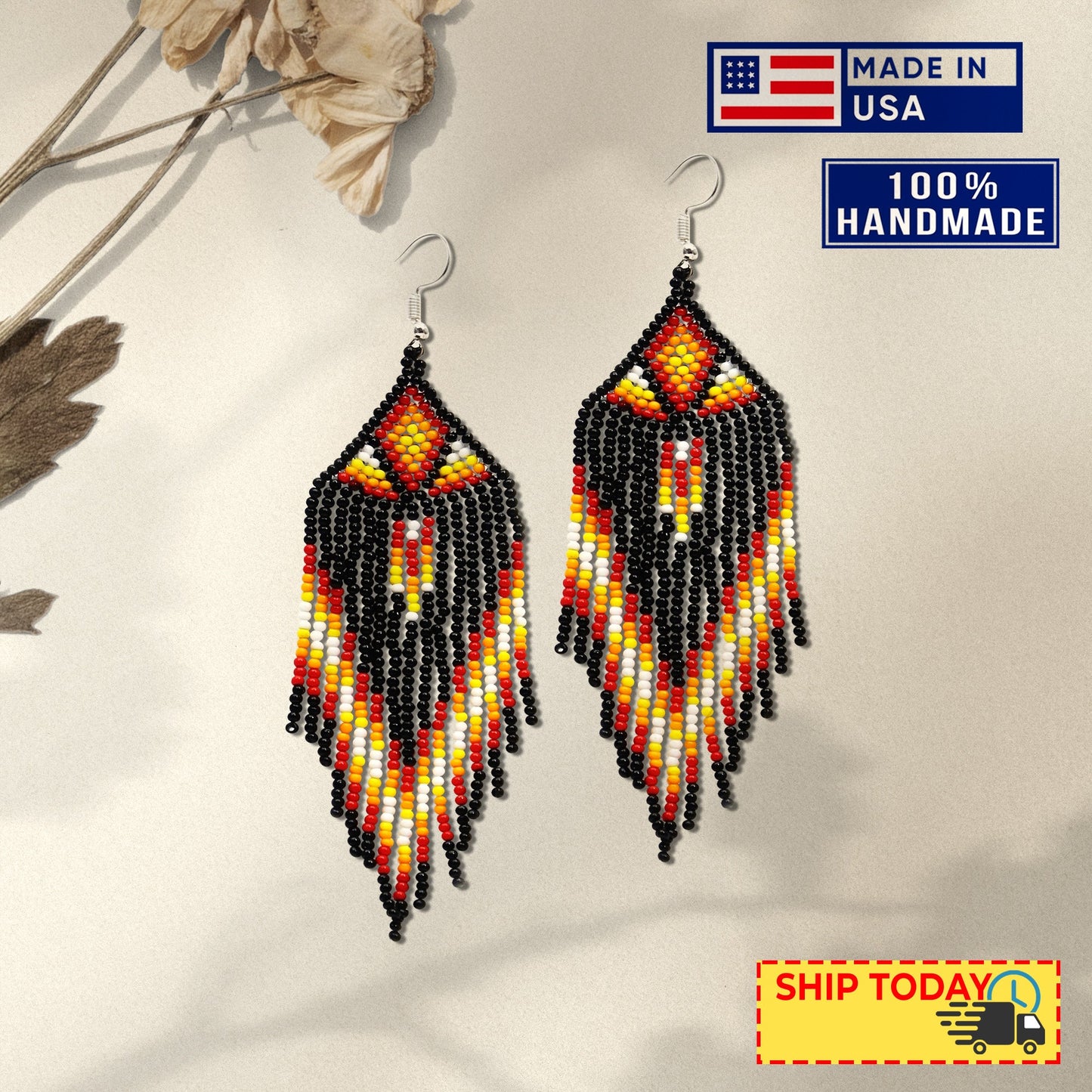 Black Sun Colors Hook Pattern Beaded Handmade Earrings For Women