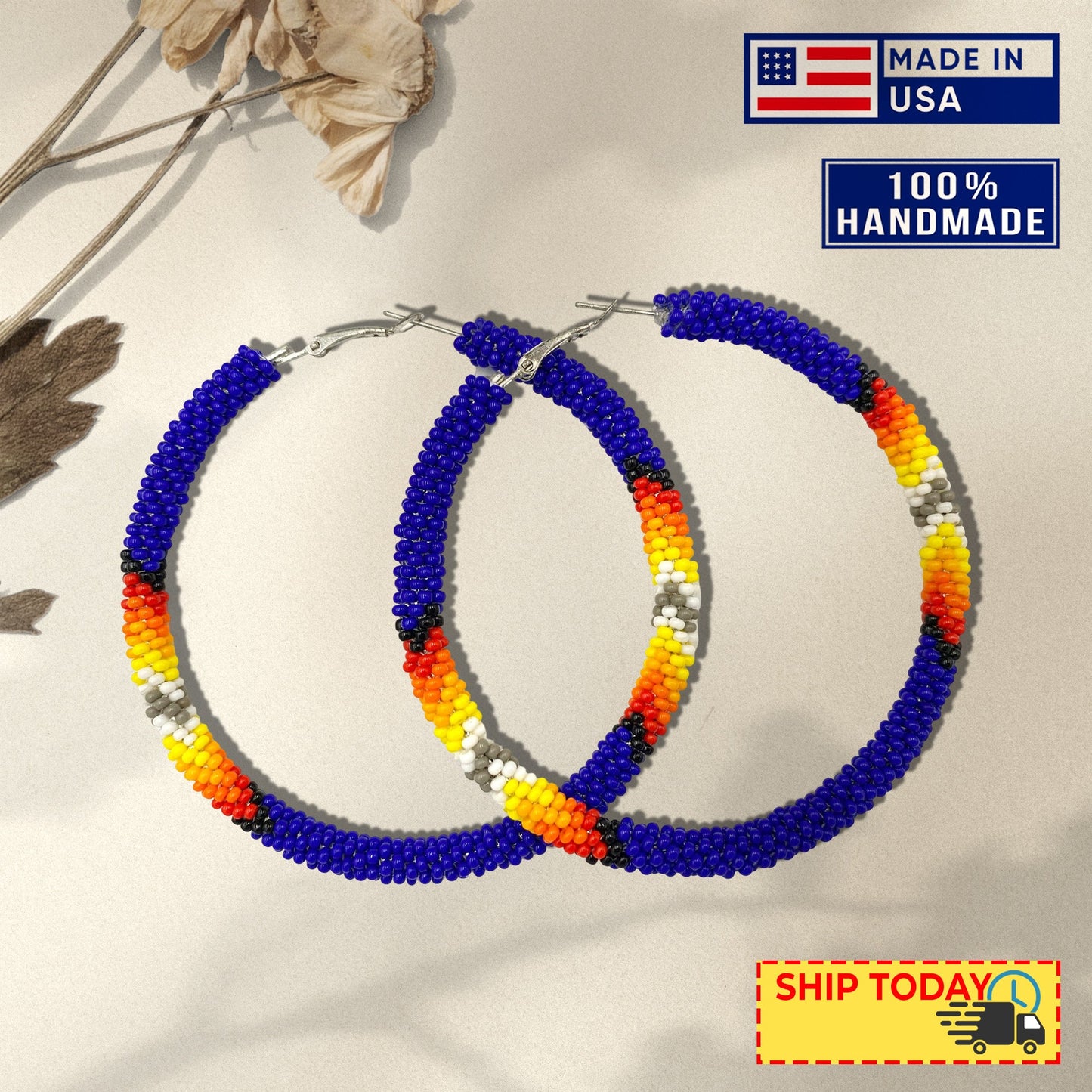 Handmade Deep Blue Pattern Hoop Beaded Earrings for Women
