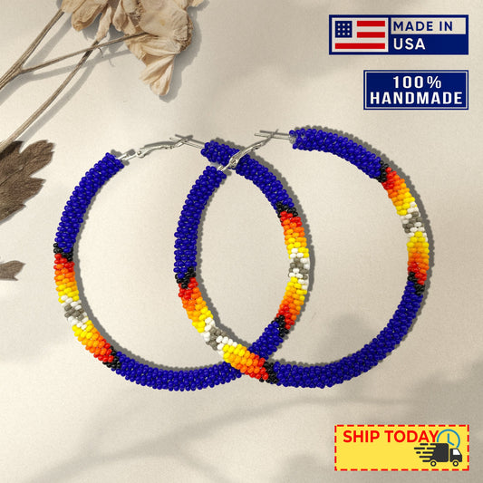 Handmade Deep Blue Pattern Hoop Beaded Earrings for Women