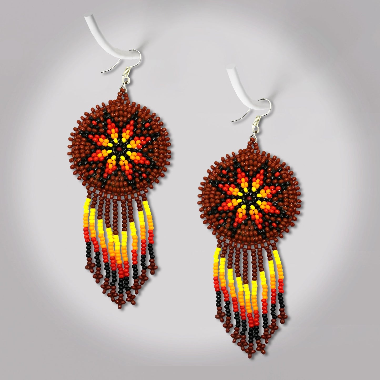 Brown Fire Color Flower Round Beaded Handmade Earrings For Women