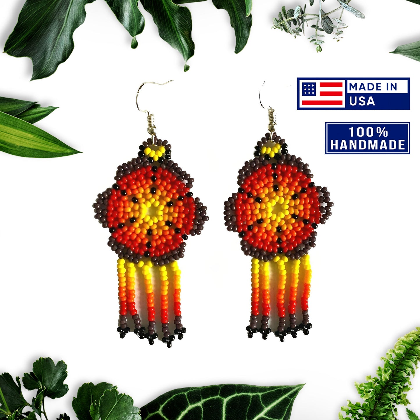 Ethnic Flower Purple Red Chandelier Black Stick with Metal Feather Beaded Handmade Earrings For Women