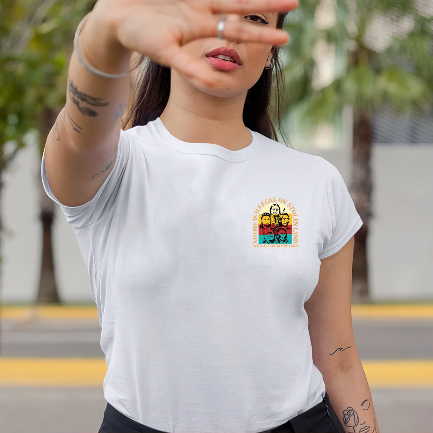 NO ONE IS ILLEGAL ON STOLEN LAND. WE WALK ON NATIVE LAND 16 - Two sides - Unisex T-Shirt/T-Shirt V-Neck/Hoodie/Sweatshirt