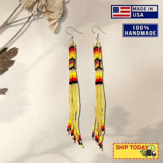 Gold Extra Long Pattern Beaded Handmade Earrings For Women Native Style