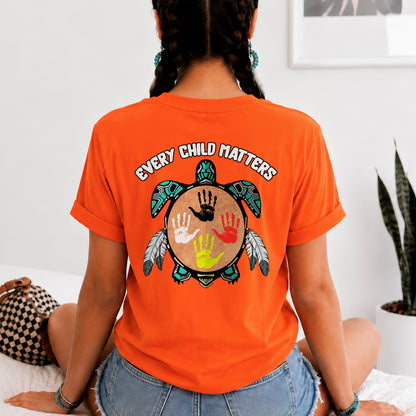Every Child Matters Feather Hand Color On Turtle - Two sides - Unisex T-shirt/V-neck T-shirt/Hoodie/Sweatshirt