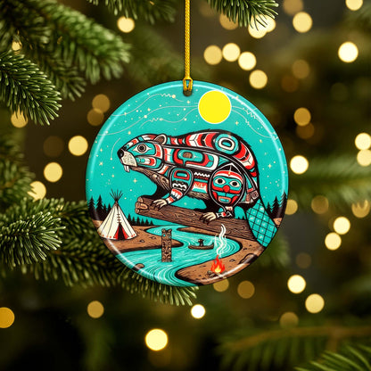 Tribal Beaver Ceramic Ornament - Indigenous Inspired for Holiday Decor