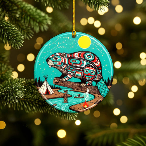 Tribal Beaver Ceramic Ornament - Indigenous Inspired for Holiday Decor