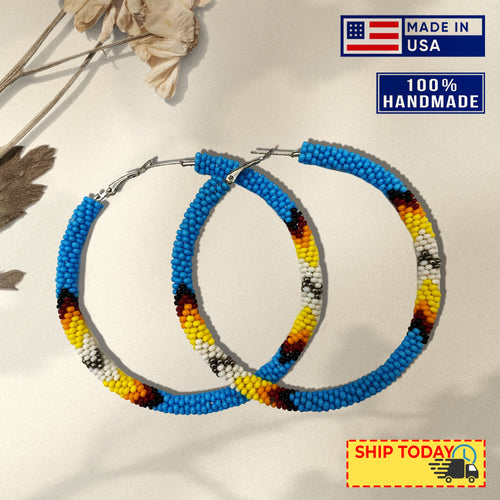 Handmade Cyan Blue 3-Inch Hoop Beaded Earrings for Women