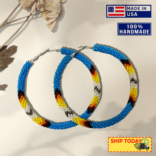 Handmade Cyan Blue 3-Inch Hoop Beaded Earrings for Women