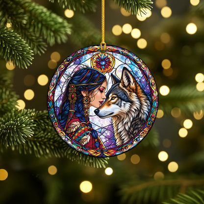 Wolf And Woman Stained Glass Ceramic Christmas Ornament Holiday Decor