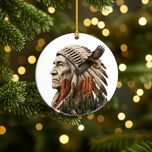 Indigenous Warrior & Eagle Mountain Christmas Ornament – Native Heritage Ceramic Holiday Decor