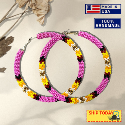 Handmade 3-Inch Hoop Round Pattern Beaded Earrings for Women