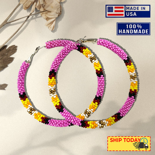 Handmade 3-Inch Hoop Round Pattern Beaded Earrings for Women