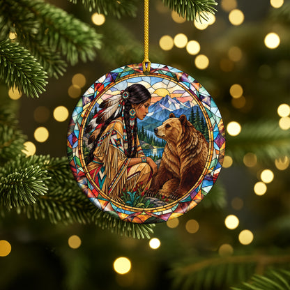 Bear And Woman Stained Glass Ceramic Christmas Ornament Holiday Decor