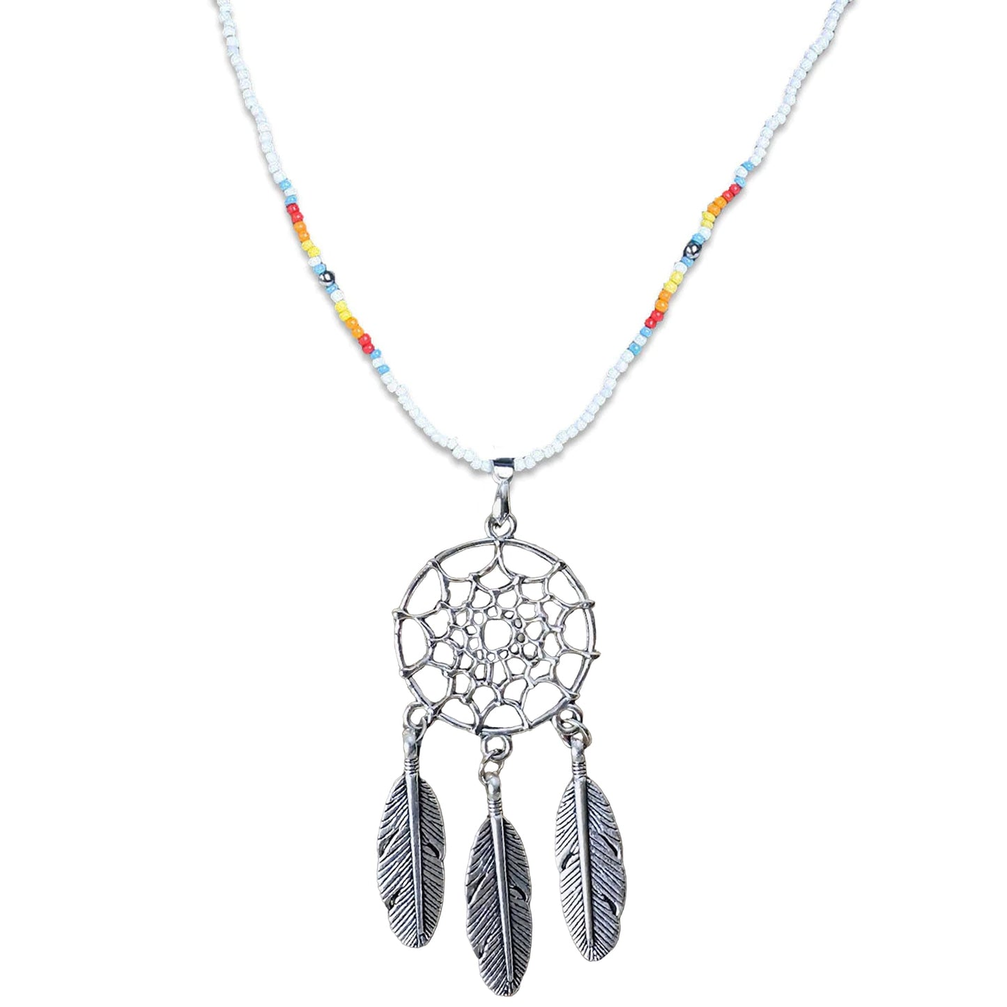 SALE 50% OFF - Long Silver Dreamcatcher Red Petals Handmade Beaded Necklace For Women With Native American Style