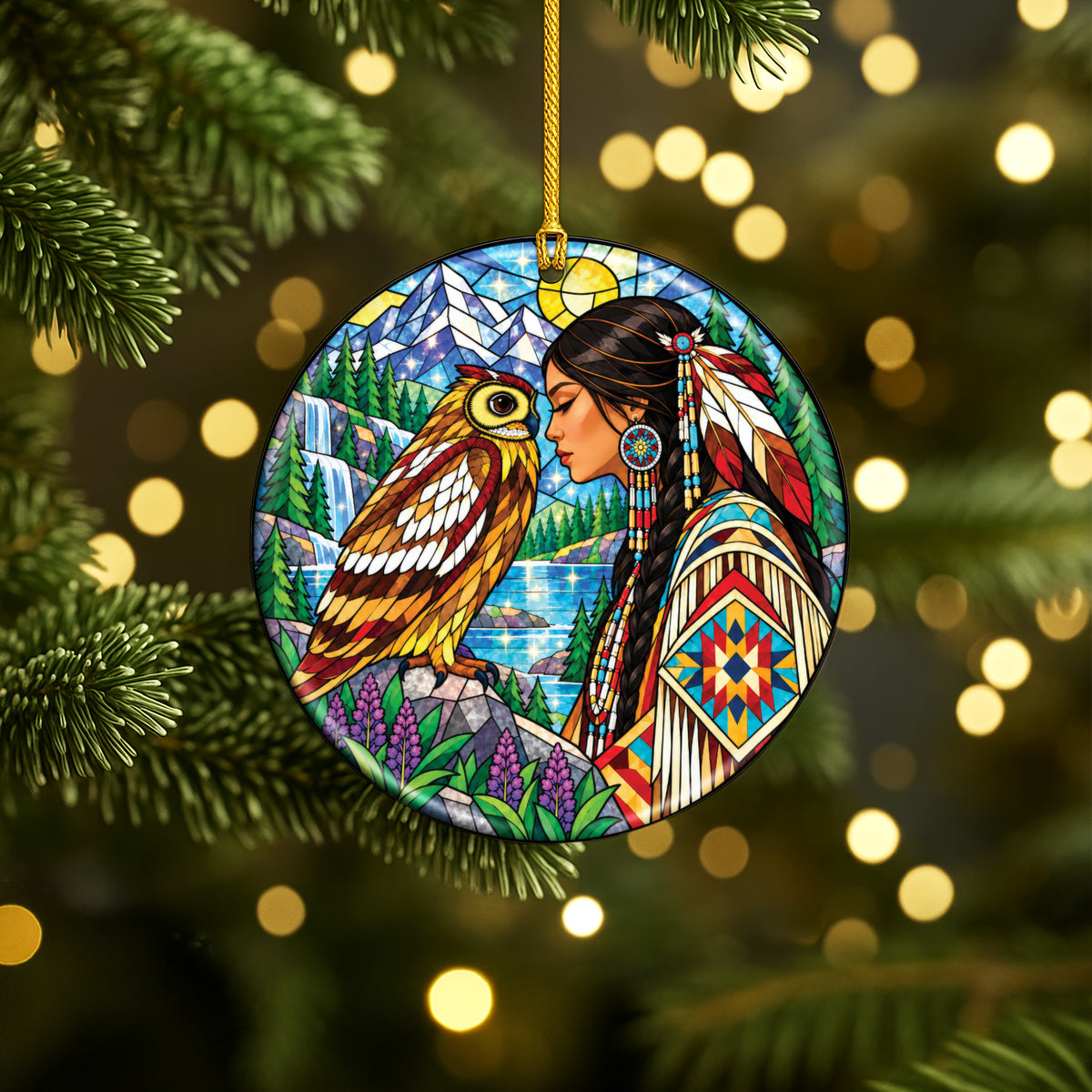 Owl And Woman Stained Glass Ceramic Christmas Ornament Holiday Decor