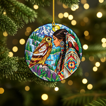 Owl And Woman Stained Glass Ceramic Christmas Ornament Holiday Decor