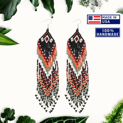 Black Red Peach Long Beaded Handmade Earrings For Women