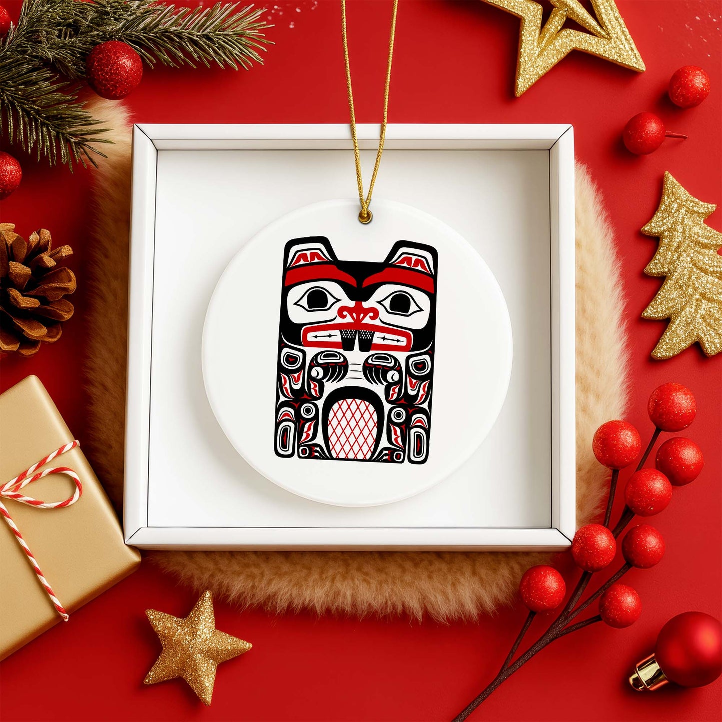 Native Beaver Spirit Ceramic Ornament - Indigenous Tribal Art for Holiday Decor