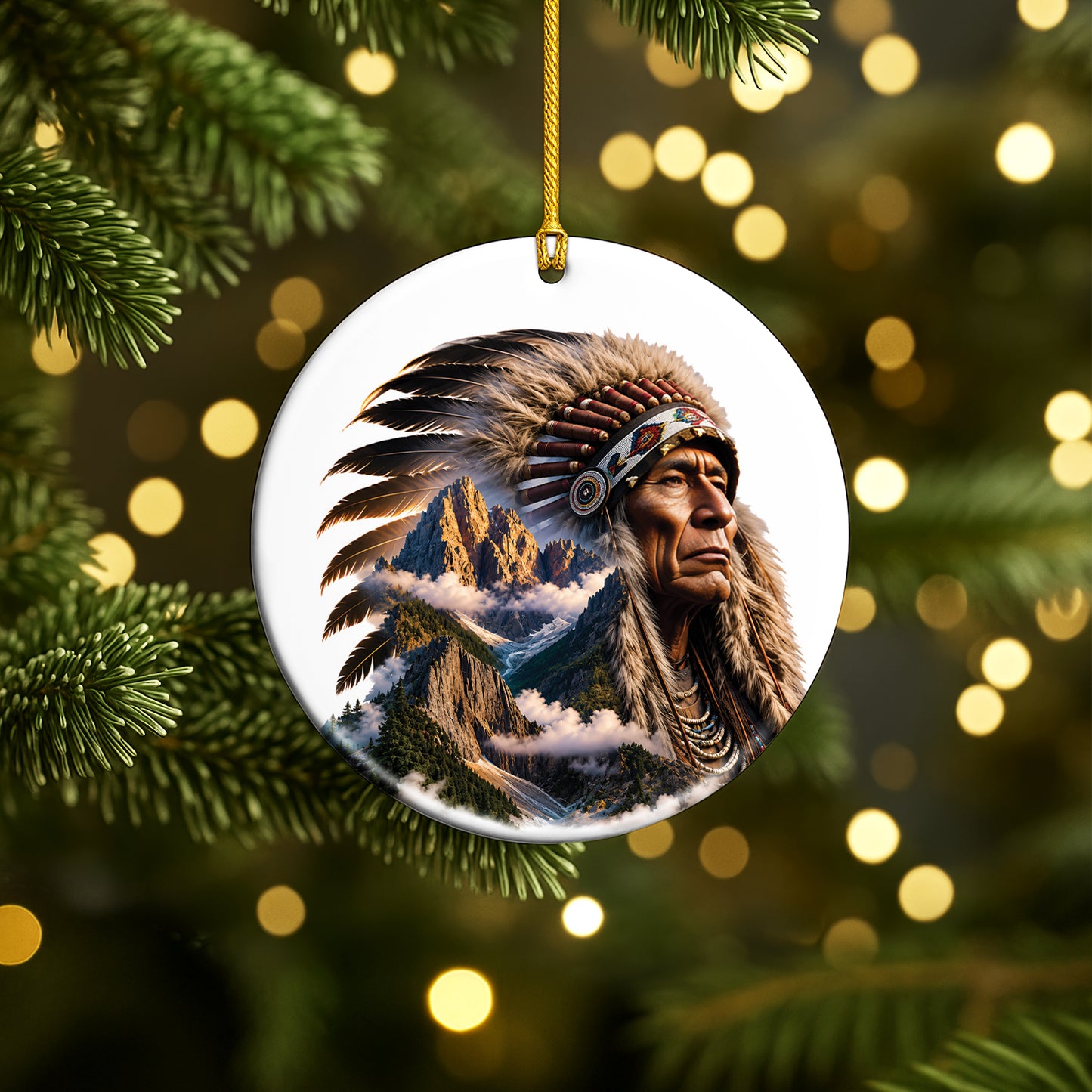 Native American Mountain Warrior Christmas Ornament – Indigenous Spirit Ceramic Holiday Hanging Decor