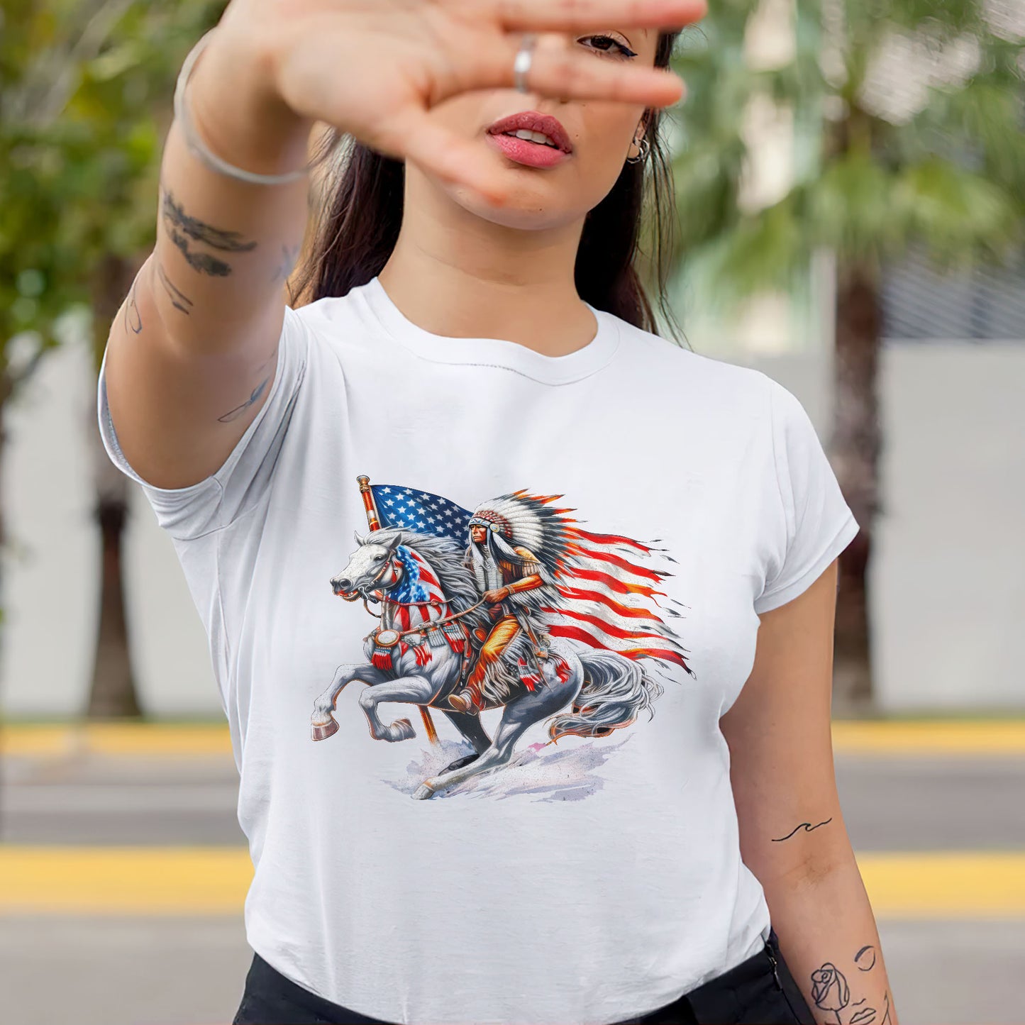 Native American Warrior Horse Patriotic Unisex T-shirt/V-neck T-shirt /Hoodie/Sweatshirt