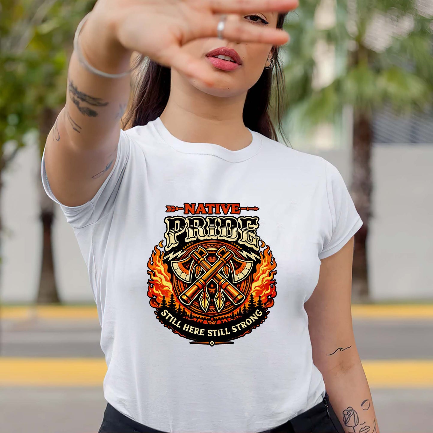 Native Pride Still Here Still Strong - Indigenous Warrior Tomahawk Graphic Unisex T-Shirt/T-Shirt V-Neck/Hoodie/Sweatshirt