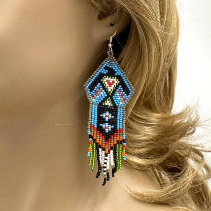 Blue Black Eagle Beaded Handmade Earrings For Women