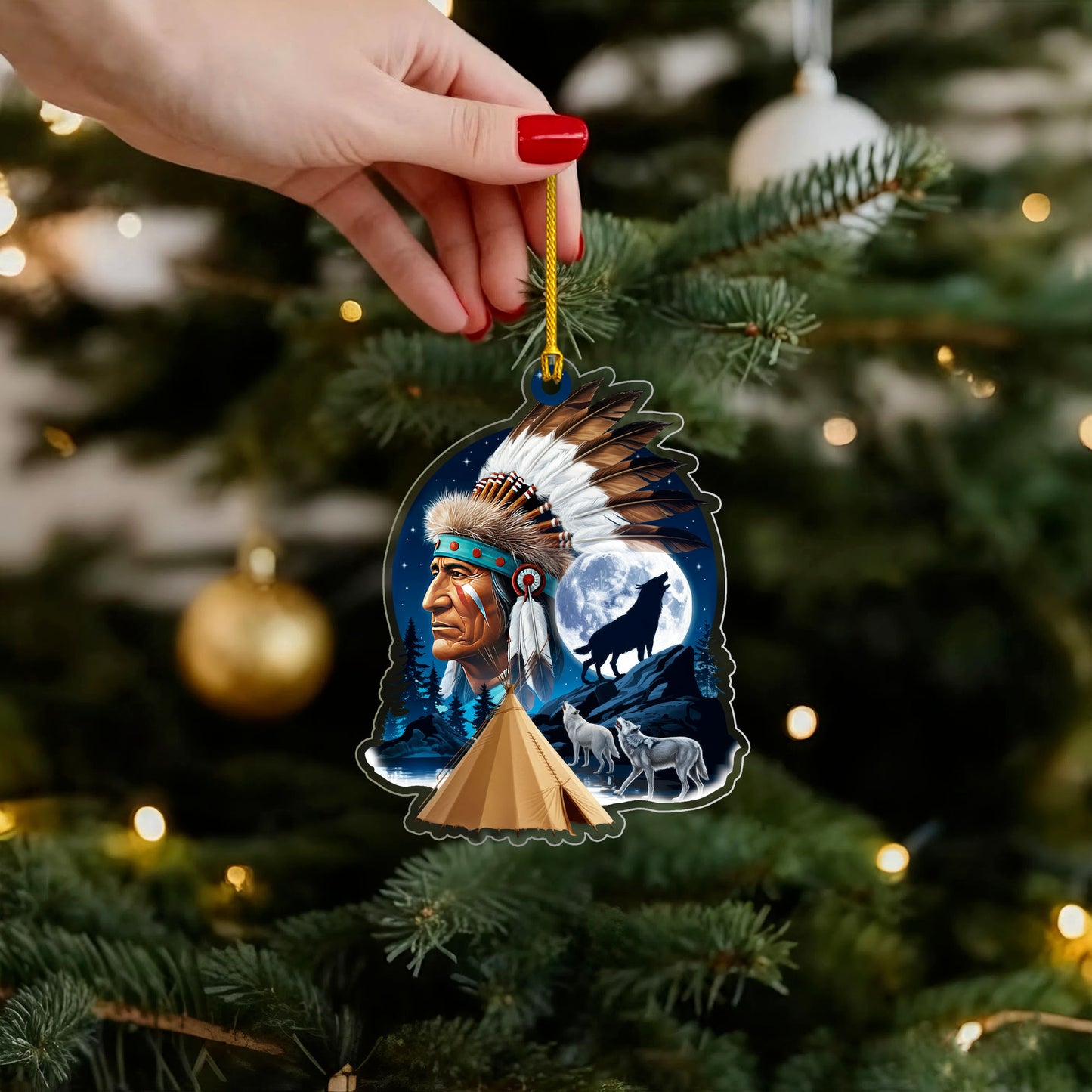 Native American Chief & Wolves Under Full Moon - Tribal Christmas Tree Decor Flat Acrylic