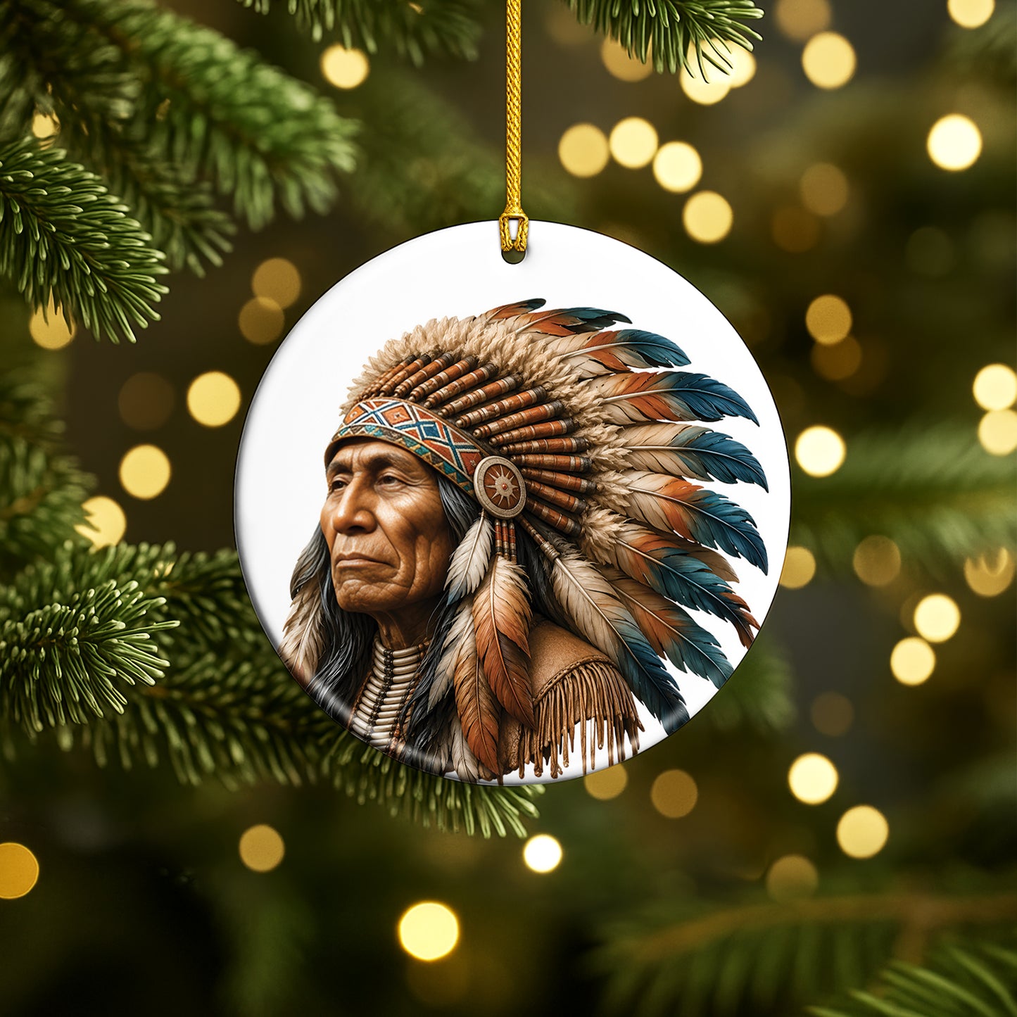 Native American Chief Portrait Christmas Ornament – Tribal Heritage Ceramic Holiday Tree Decoration