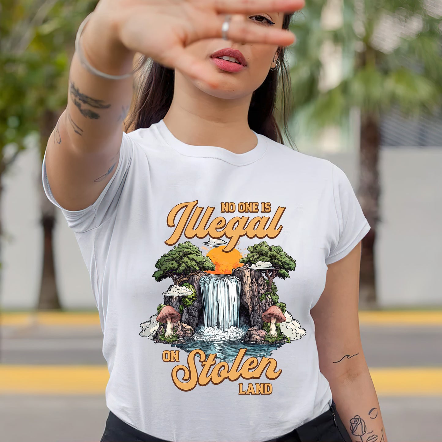 No One Is Illegal On Stolen Land - Waterfall Design Front Print Unisex T-Shirt/T-Shirt V-Neck/Hoodie/Sweatshirt