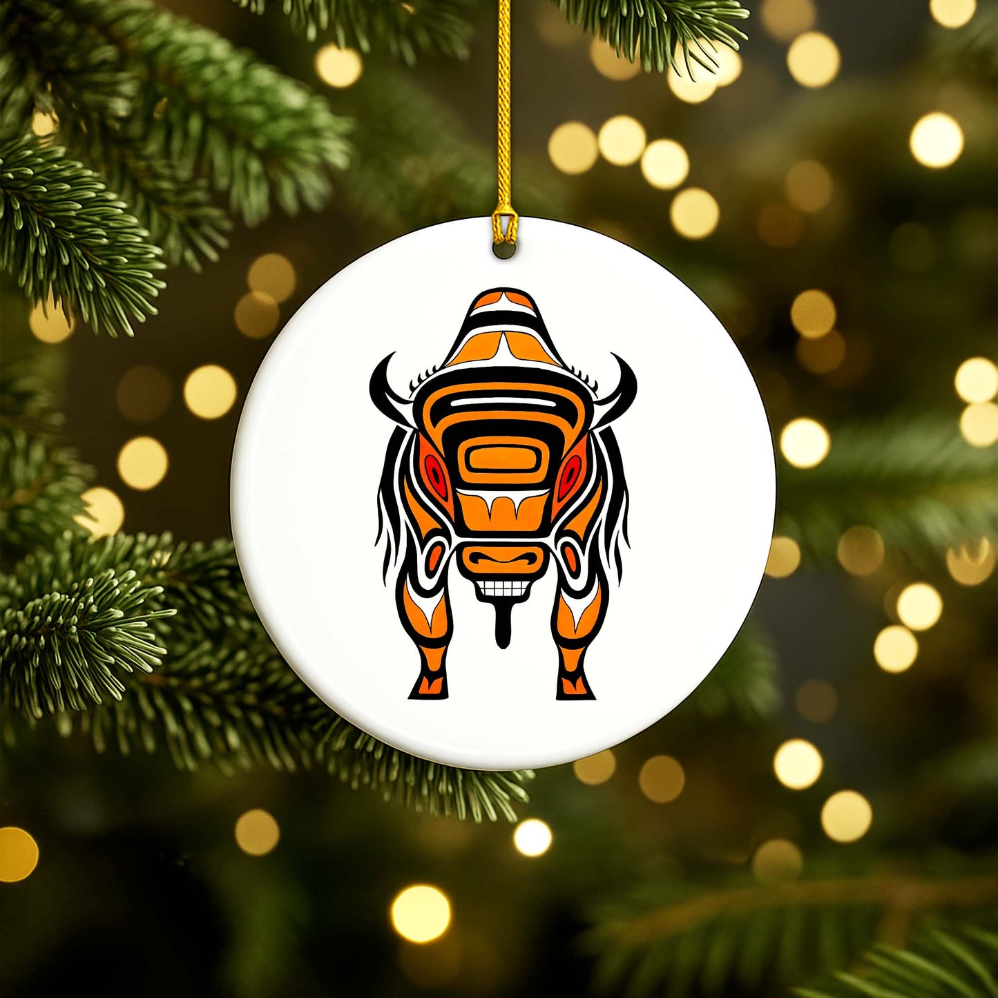 Native Bison Spirit Ceramic Ornament - Indigenous Tribal Art for Holiday Decor