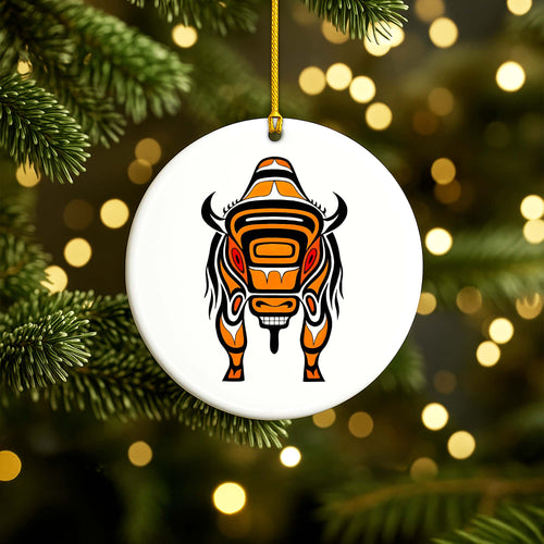Native Bison Spirit Ceramic Ornament - Indigenous Tribal Art for Holiday Decor