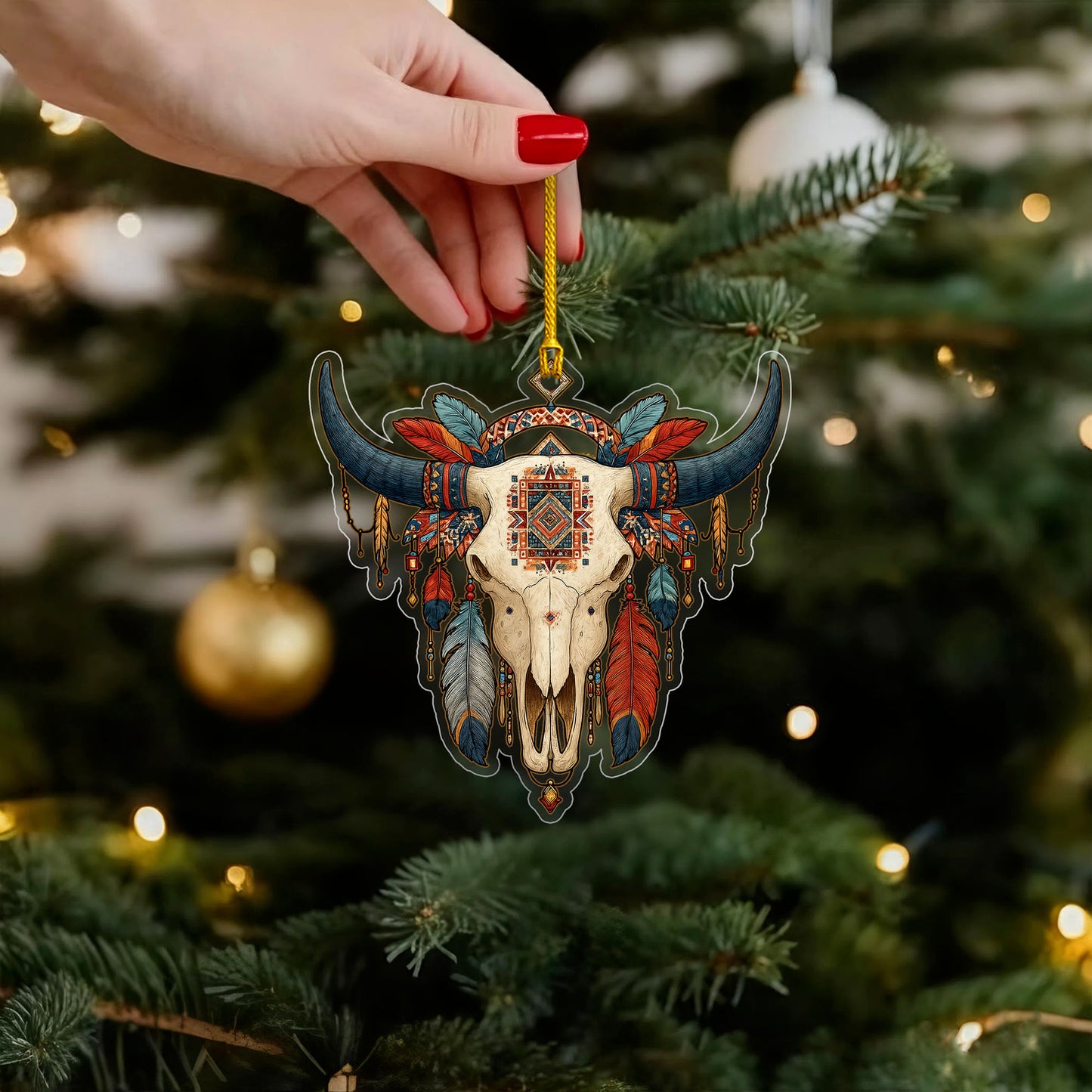 Buffalo Skull Native American - Tribal Feathers Christmas Decoration Gift Flat Acrylic