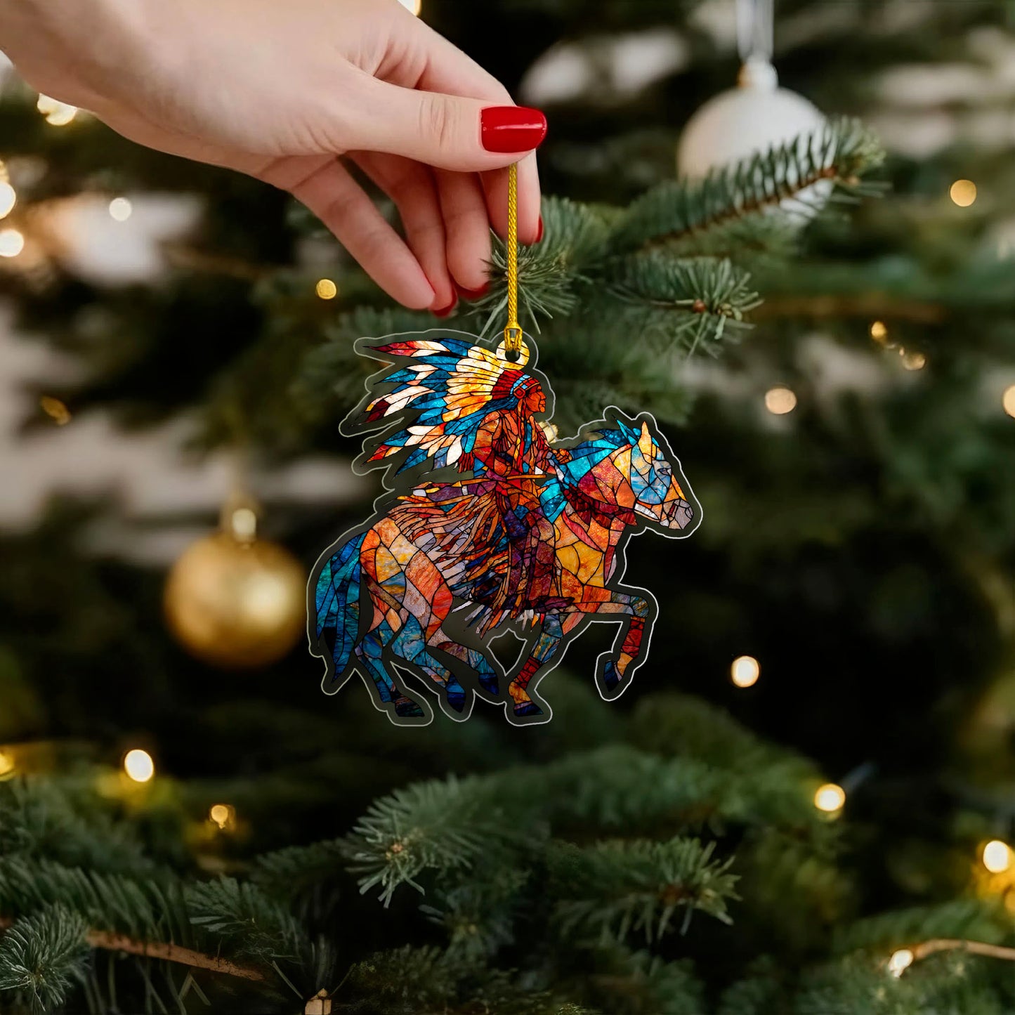 Native American Horse Rider Indigenous Warrior Christmas Tree Decor Flat Acrylic